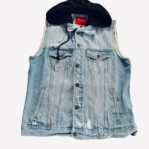 GUESS Denim Sleeveless Jacket with Hood Distressed Jean Vest Size XL